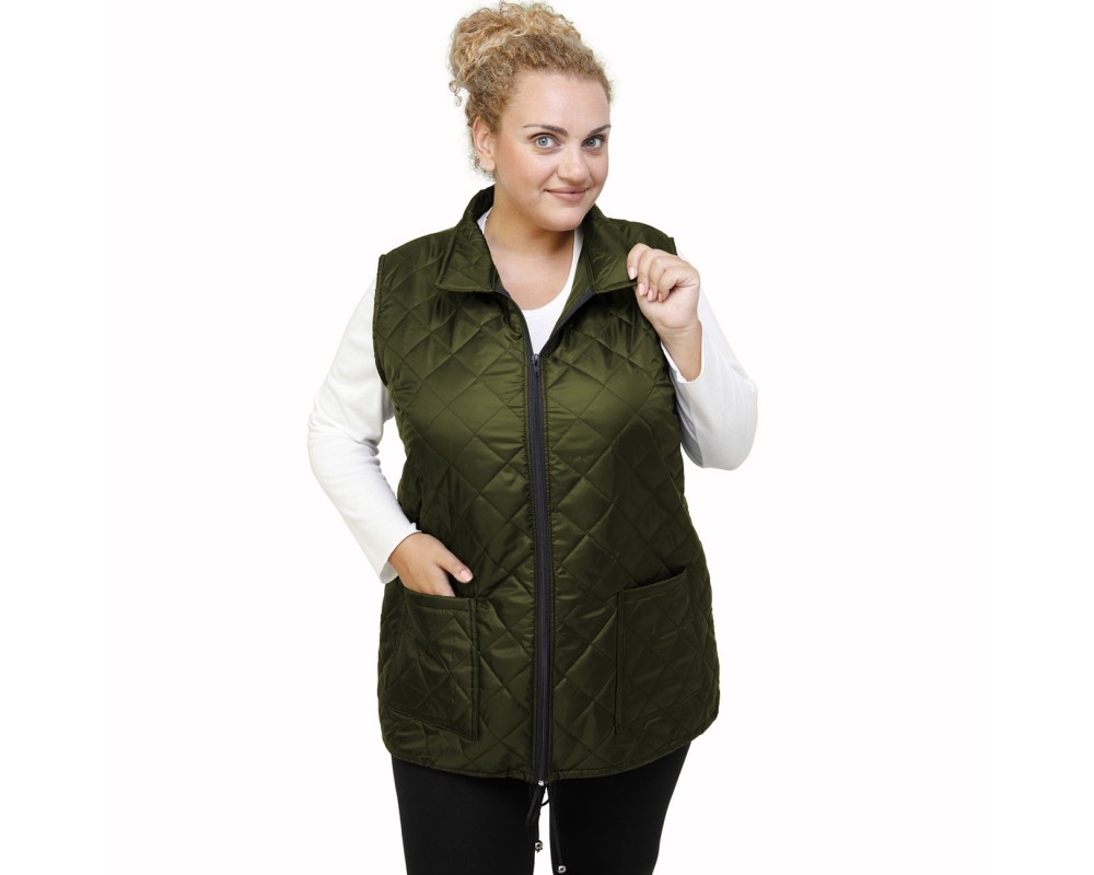 B21-6629AG Sleeveless jacket with zipper and collar - Cypress Green Plus Size