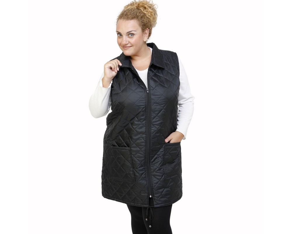 B21-6629MAG Sleeveless long jacket with zipper and collar - Black Plus Size