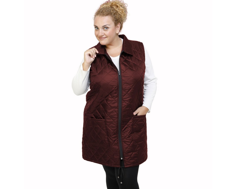 B21-6629MAG Sleeveless long jacket with zipper and collar - Bordeaux Plus Size