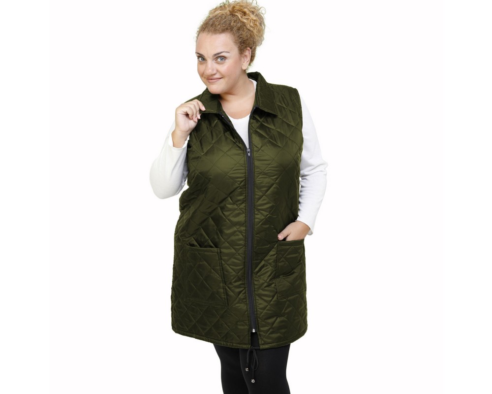 B21-6629MAG Sleeveless long jacket with zipper and collar - Cypress Green Plus Size