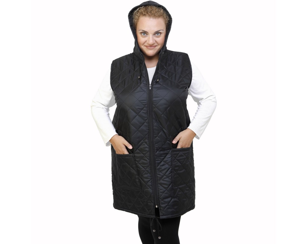 B21-6629MAK Long Sleeveless Jacket with zipper and hood - Black Plus Size