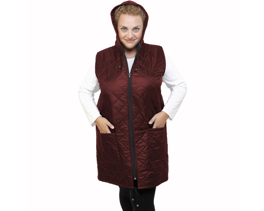 B21-6629MAK Long Sleeveless Jacket with zipper and hood - Bordeaux Plus Size