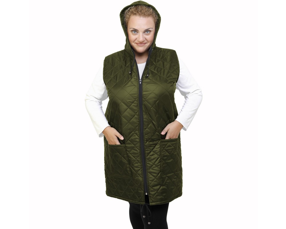B21-6629MAK Long Sleeveless Jacket with zipper and hood - Cypress Green Plus Size