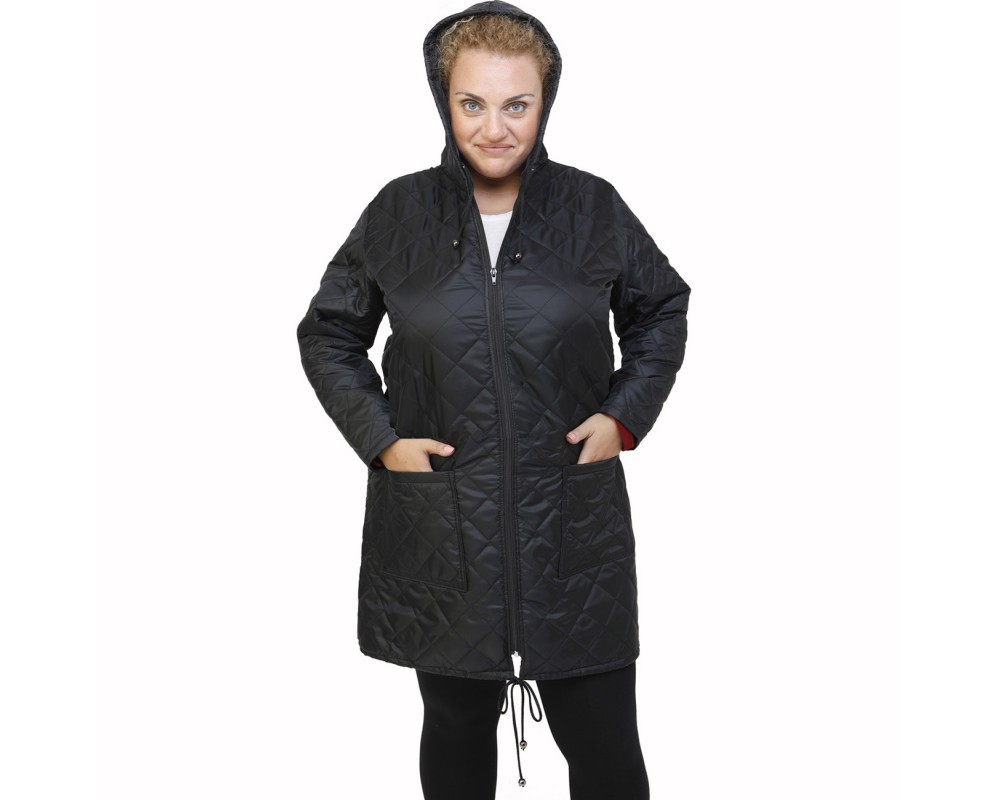 B21-6629MK Long Jacket with zipper and hood - Black Plus Size