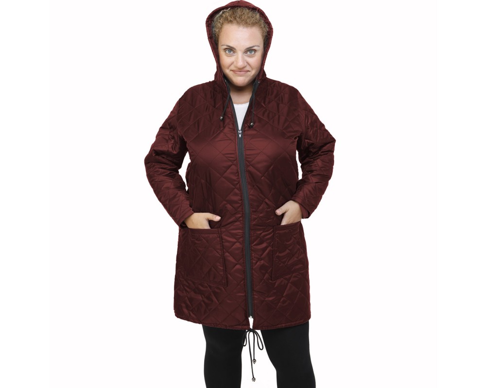 B21-6629MK Long Jacket with zipper and hood - Bordeaux Plus Size