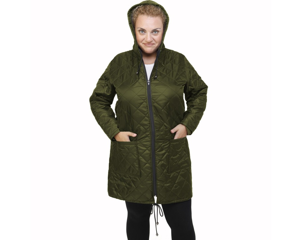 B21-6629MK Long Jacket with zipper and hood - Cypress Green Plus Size