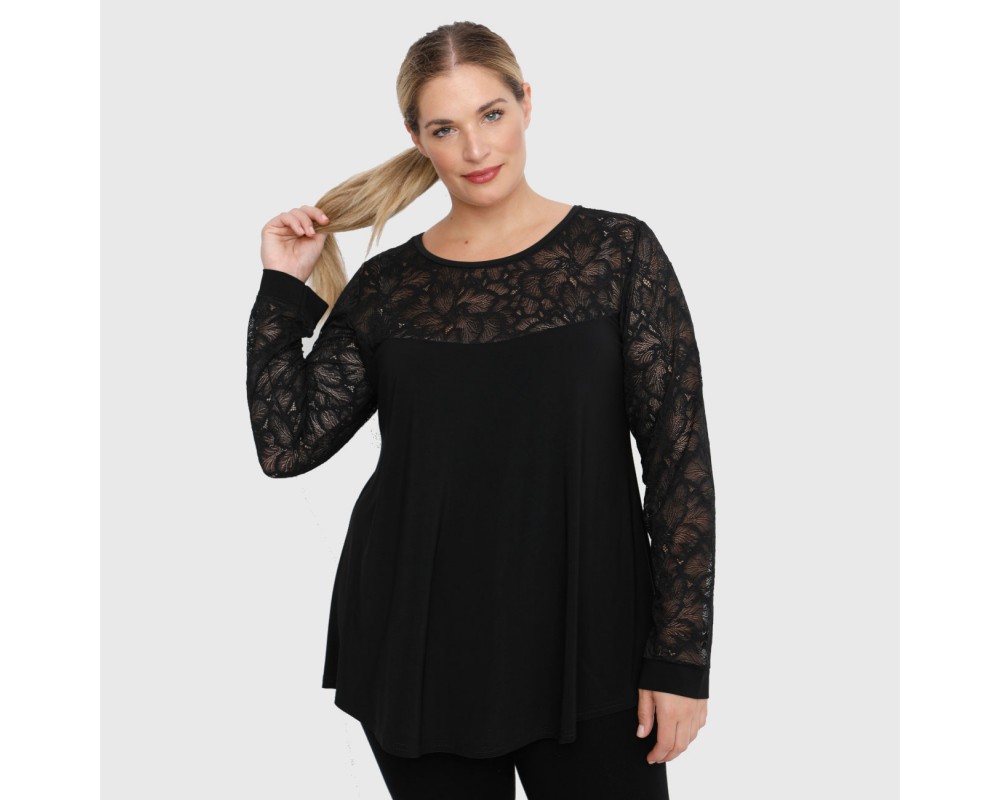 B22-113D Blouse with lace on neck and sleeves - Black Plus Size