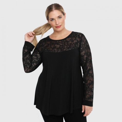 B22-113D Blouse with lace on neck and sleeves - Black