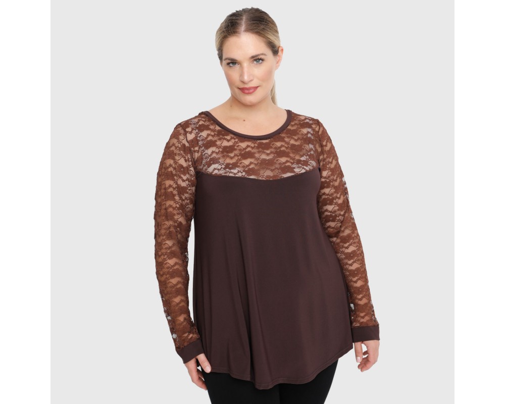 B22-113D Blouse with lace on neck and sleeves - Brown Plus Size