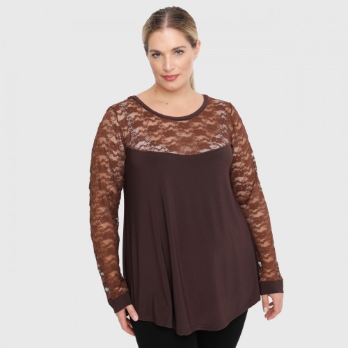 B22-113D Blouse with lace on neck and sleeves - Brown