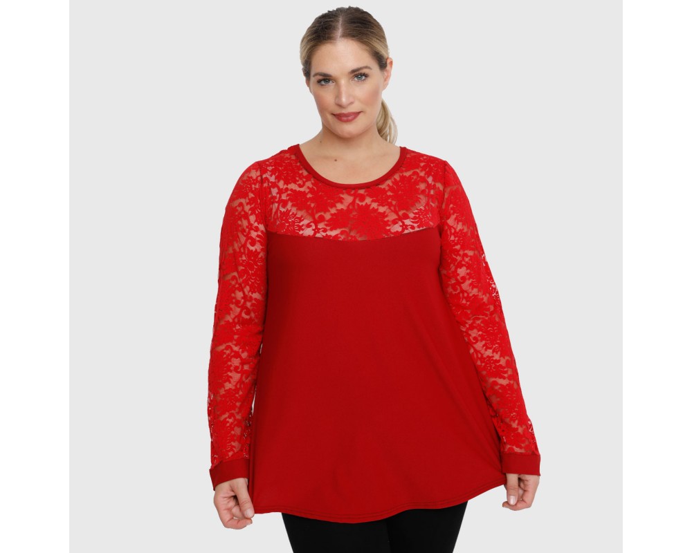 B22-113D Blouse with lace on neck and sleeves - Dark red Plus Size