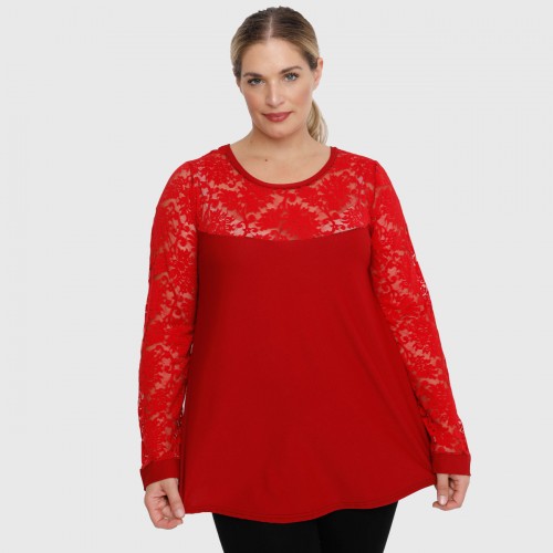 B22-113D Blouse with lace on neck and sleeves - Dark red