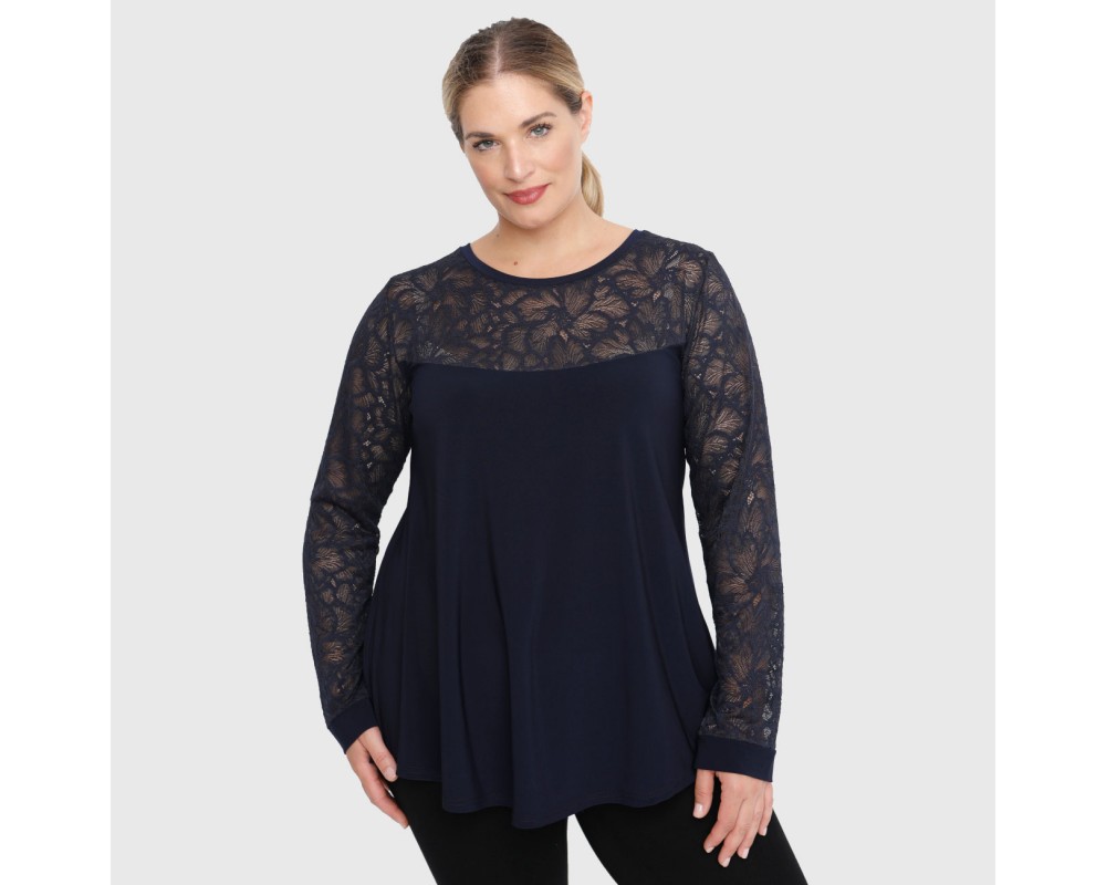 B22-113D Blouse with lace on neck and sleeves - Navy Blue Plus Size