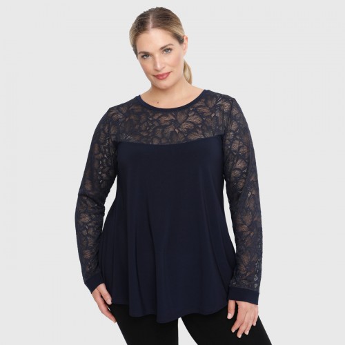 B22-113D Blouse with lace on neck and sleeves - Navy Blue