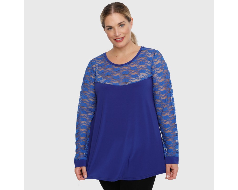 B22-113D Blouse with lace on neck and sleeves - Royal Blue Plus Size