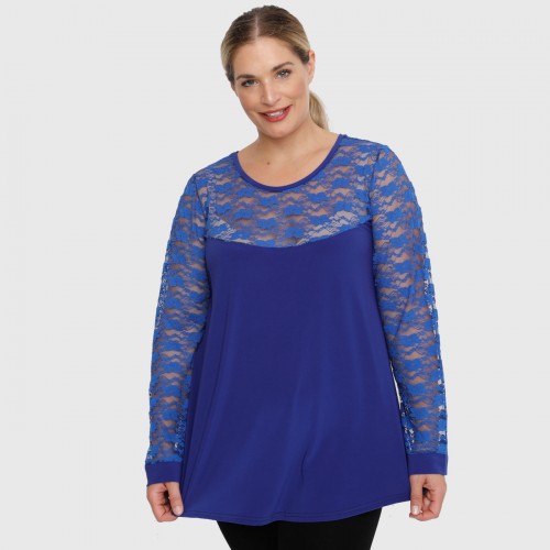B22-113D Blouse with lace on neck and sleeves - Royal Blue