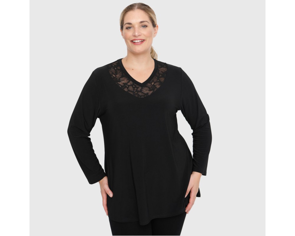 B22-114D Blouse with lace on neck - Black Plus Size
