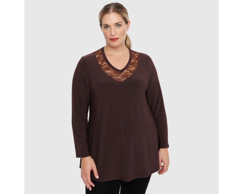 B22-114D Blouse with lace on neck - Brown Plus Size