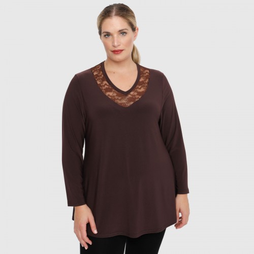 B22-114D Blouse with lace on neck - Brown