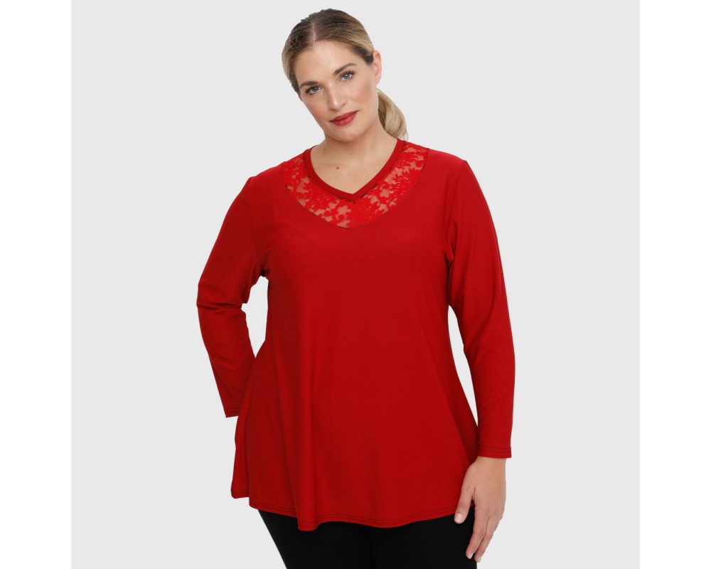 B22-114D Blouse with lace on neck - Dark red Plus Size