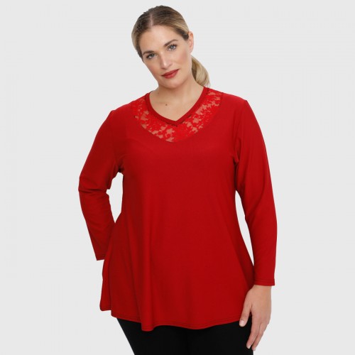 B22-114D Blouse with lace on neck - Dark red
