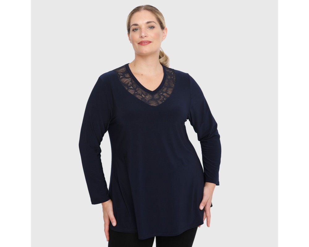 B22-114D Blouse with lace on neck - Navy Blue Plus Size