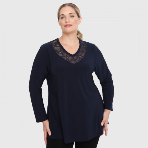 B22-114D Blouse with lace on neck - Navy Blue