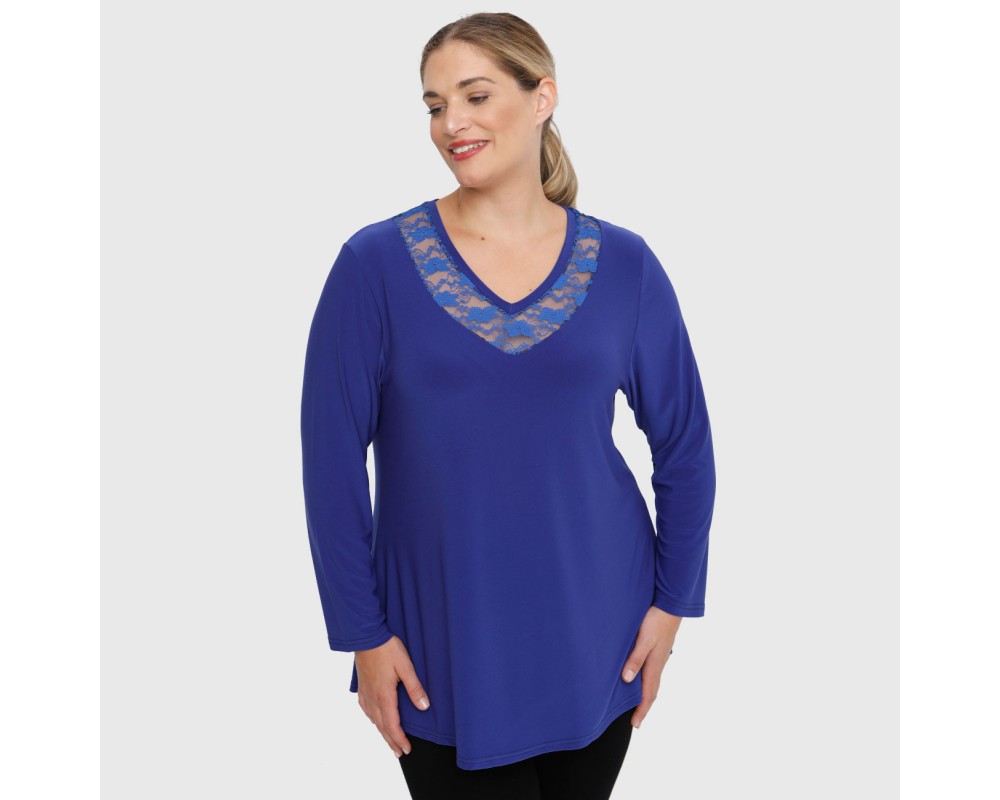 B22-114D Blouse with lace on neck - Royal Blue Plus Size