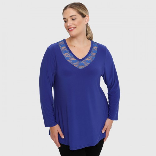 B22-114D Blouse with lace on neck - Royal Blue