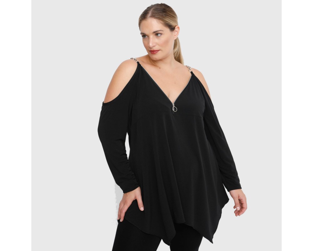 B22-123AKF Alpha blouse with decorative zipper and chain strap - Black Plus Size