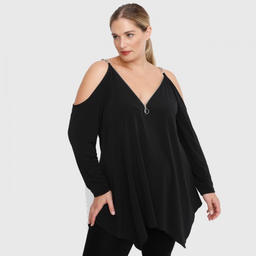 B22-123AKF Alpha blouse with decorative zipper and chain strap - Black