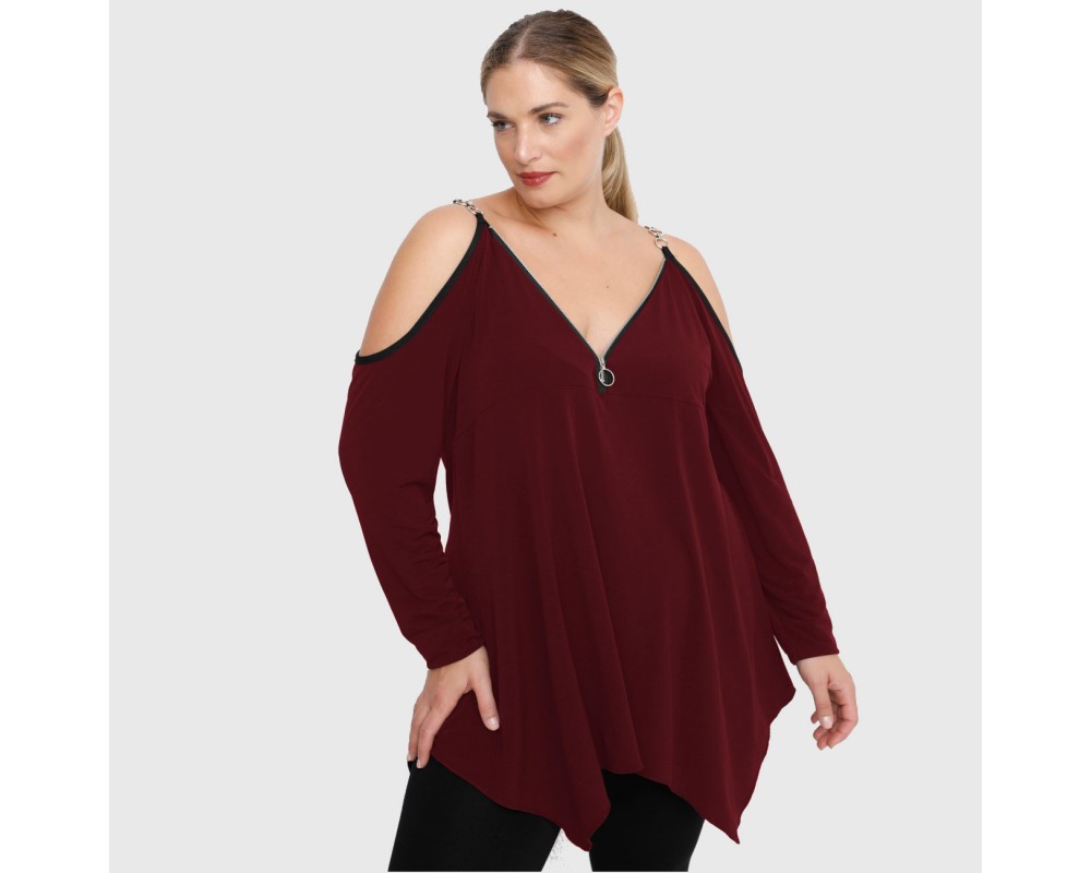 B22-123AKF Alpha blouse with decorative zipper and chain strap - Bordeaux Plus Size