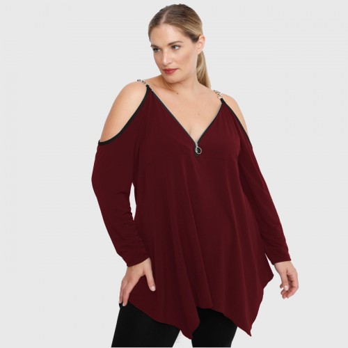 B22-123AKF Alpha blouse with decorative zipper and chain strap - Bordeaux