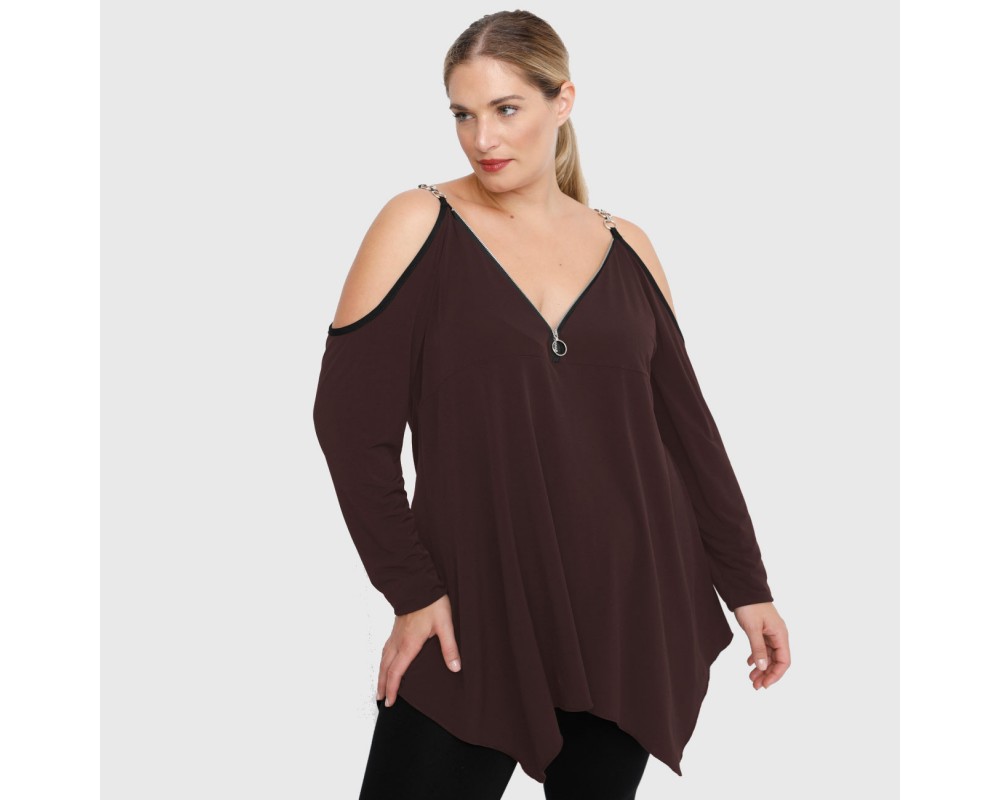B22-123AFK Alpha blouse with decorative zipper and chain strap - Brown Plus Size