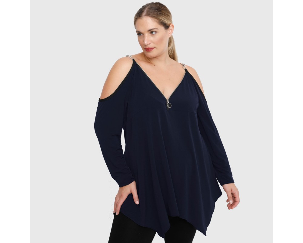 B22-123AFK Alpha blouse with decorative zipper and chain strap - Navy Blue Plus Size