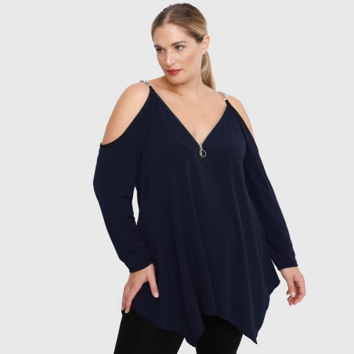 B22-123AFK Alpha blouse with decorative zipper and chain strap - Navy Blue