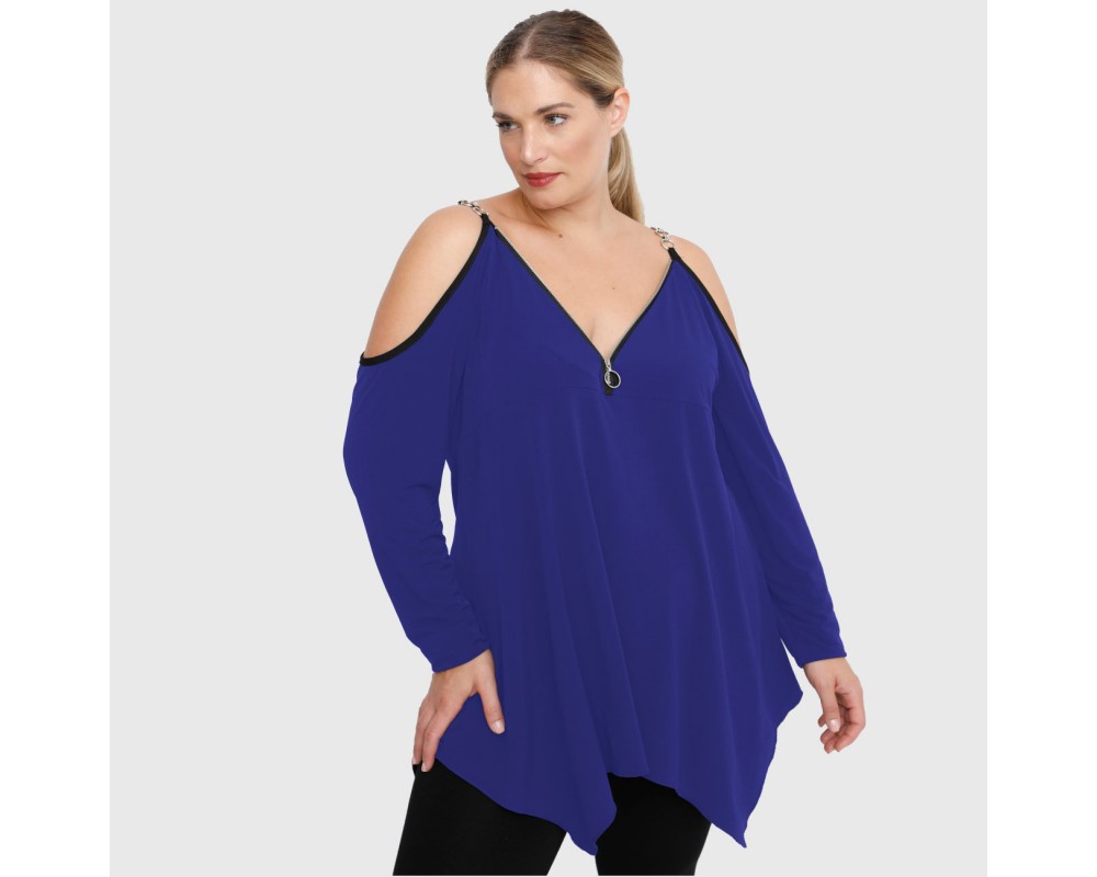 B22-123AFK Alpha blouse with decorative zipper and chain strap - Royal Blue Plus Size