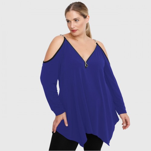 B22-123AFK Alpha blouse with decorative zipper and chain strap - Royal Blue