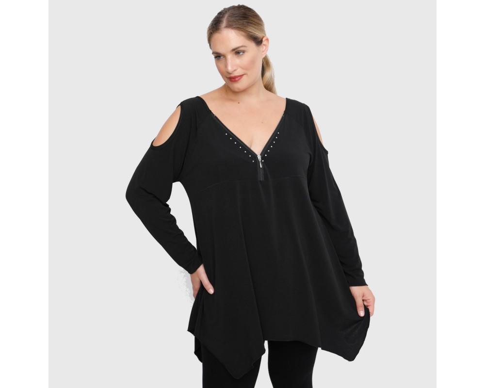 B22-123ATF Alpha blouse with decorative zipper and open shoulders - Black Plus Size