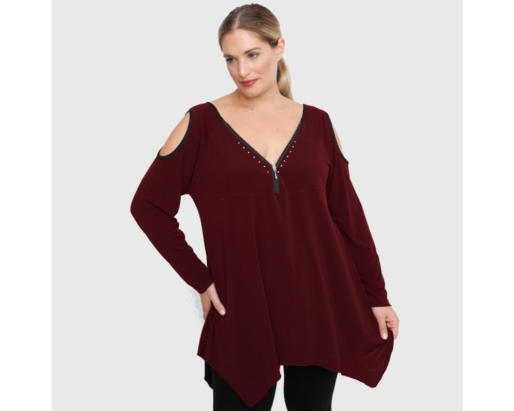 B22-123ATF Alpha blouse with decorative zipper and open shoulders - Bordeaux Plus Size