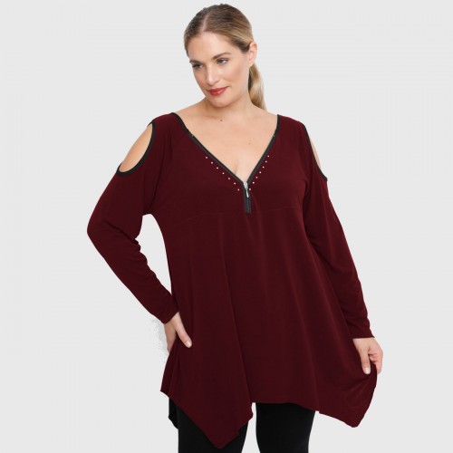 B22-123ATF Alpha blouse with decorative zipper and open shoulders - Bordeaux
