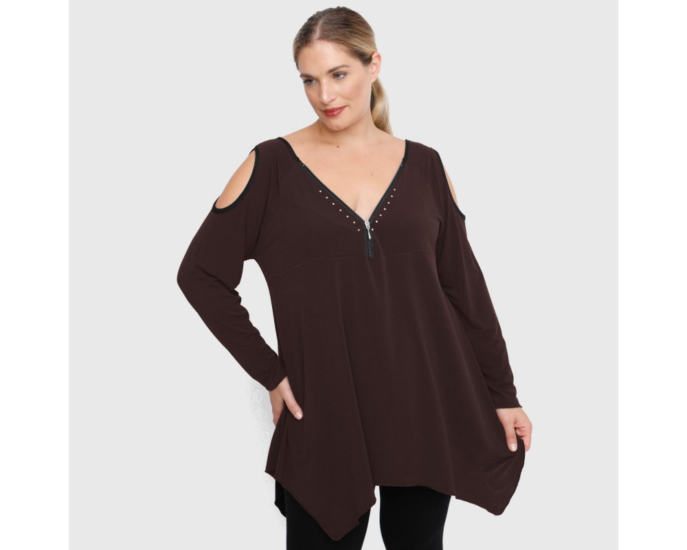 B22-123ATF Alpha blouse with decorative zipper and open shoulders - Brown Plus Size