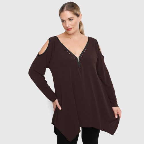 B22-123ATF Alpha blouse with decorative zipper and open shoulders - Brown