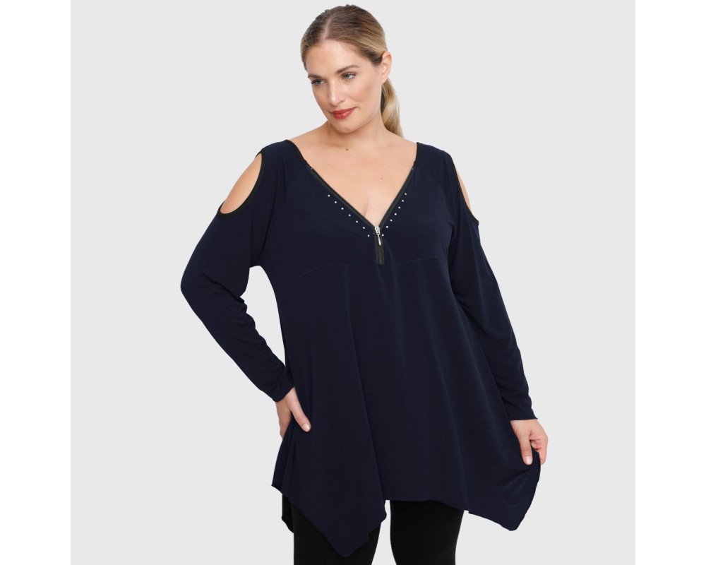 B22-123ATF Alpha blouse with decorative zipper and open shoulders - Navy Blue Plus Size