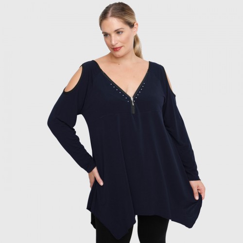B22-123ATF Alpha blouse with decorative zipper and open shoulders - Navy Blue