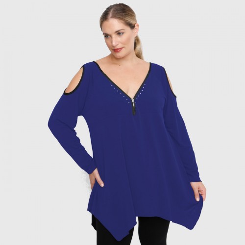 B22-123ATF Alpha blouse with decorative zipper and open shoulders - Royal Blue