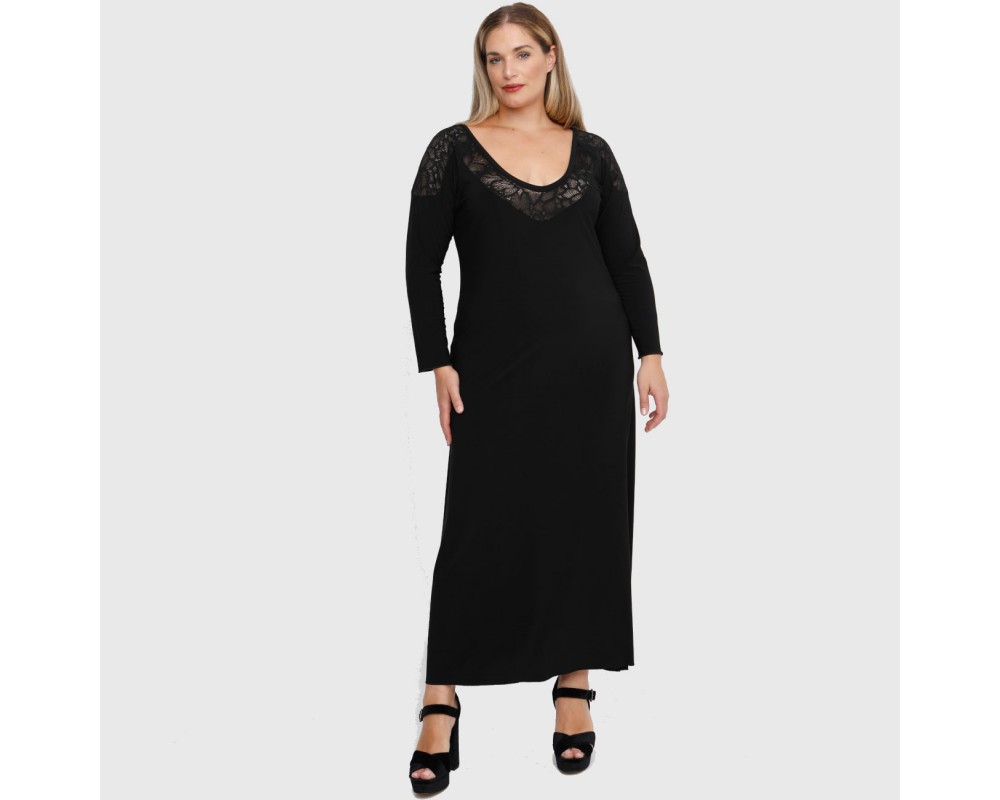 B22-123FD Long dress with lace on neck and shoulder - Black Plus Size