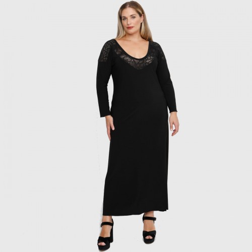 B22-123FD Long dress with lace on neck and shoulder - Black