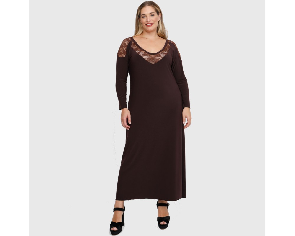 B22-123FD Long dress with lace on neck and shoulder - Brown Plus Size