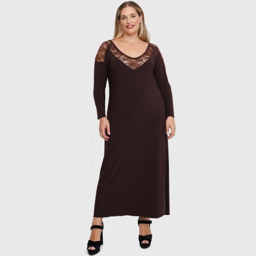 B22-123FD Long dress with lace on neck and shoulder - Brown